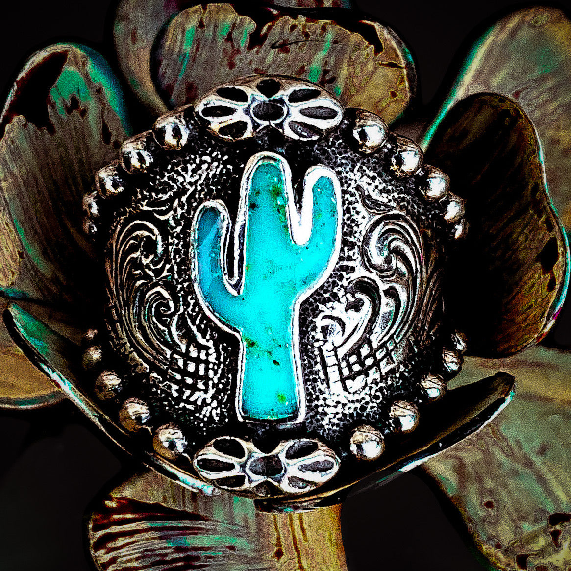 Beaded Border Turquoise Cactus Ring