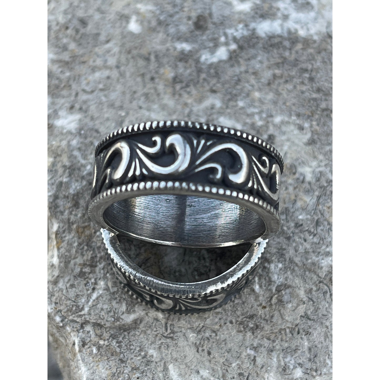 Men's custom sterling silver western scroll beaded border band.