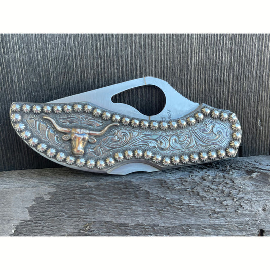 Custom hand engraved sterling silver Byrd knife with Texas longhorn. 