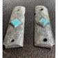Custom hand engraved sterling silver grips for 1911 with genuine Kingman turquoise